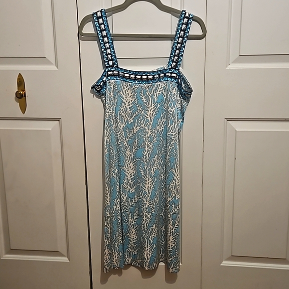 Tory Burch 100% Silk Crystal Turquoise Coral Print Mid-Length Dress/ M - Picture 7 of 9